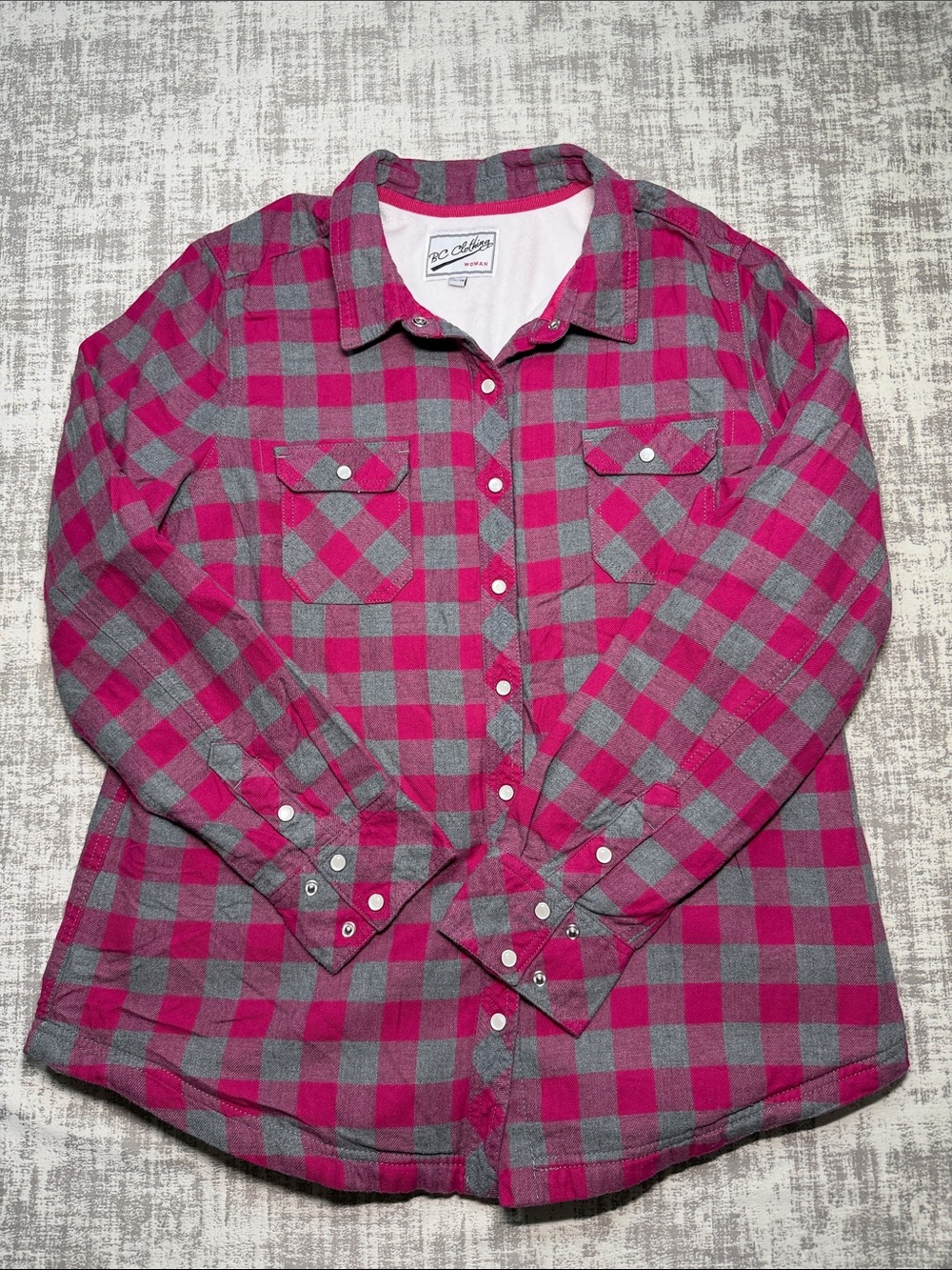 BC CLOTHING Collection Hot Pink and Gray Plaid Snap Front Shaket Women’s XL
